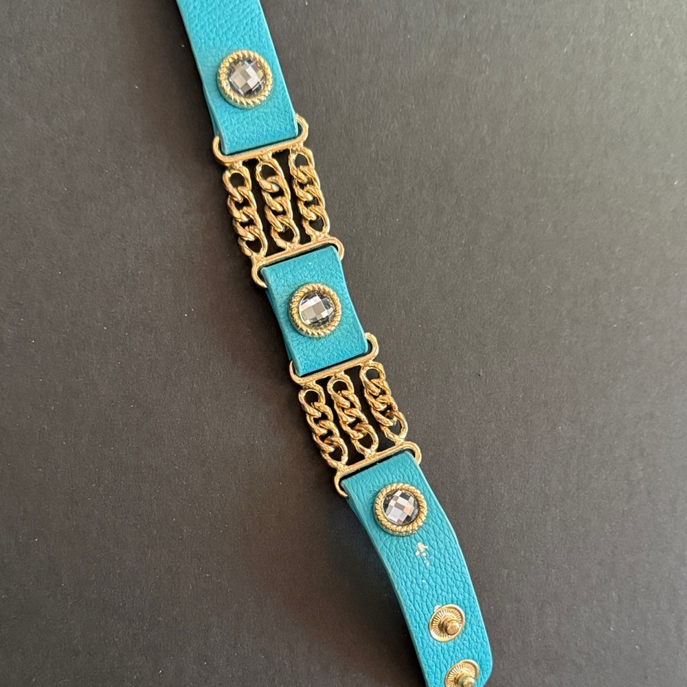 Gold Chain Turquoise Leather Bracelet with Crystal Accents
